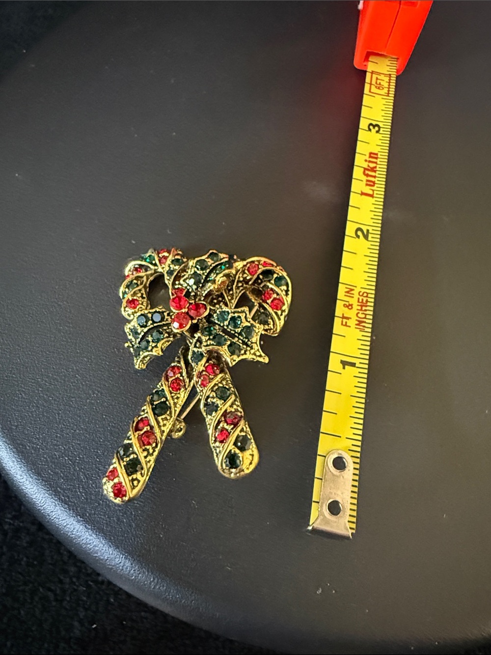 Gold-Tone Holiday Candy Cane Brooch with Red and Green Rhinestones